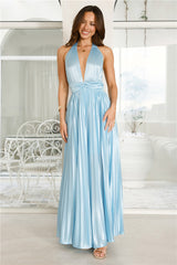 Shimmering Sea Pleated Halter Maxi Dress Blue