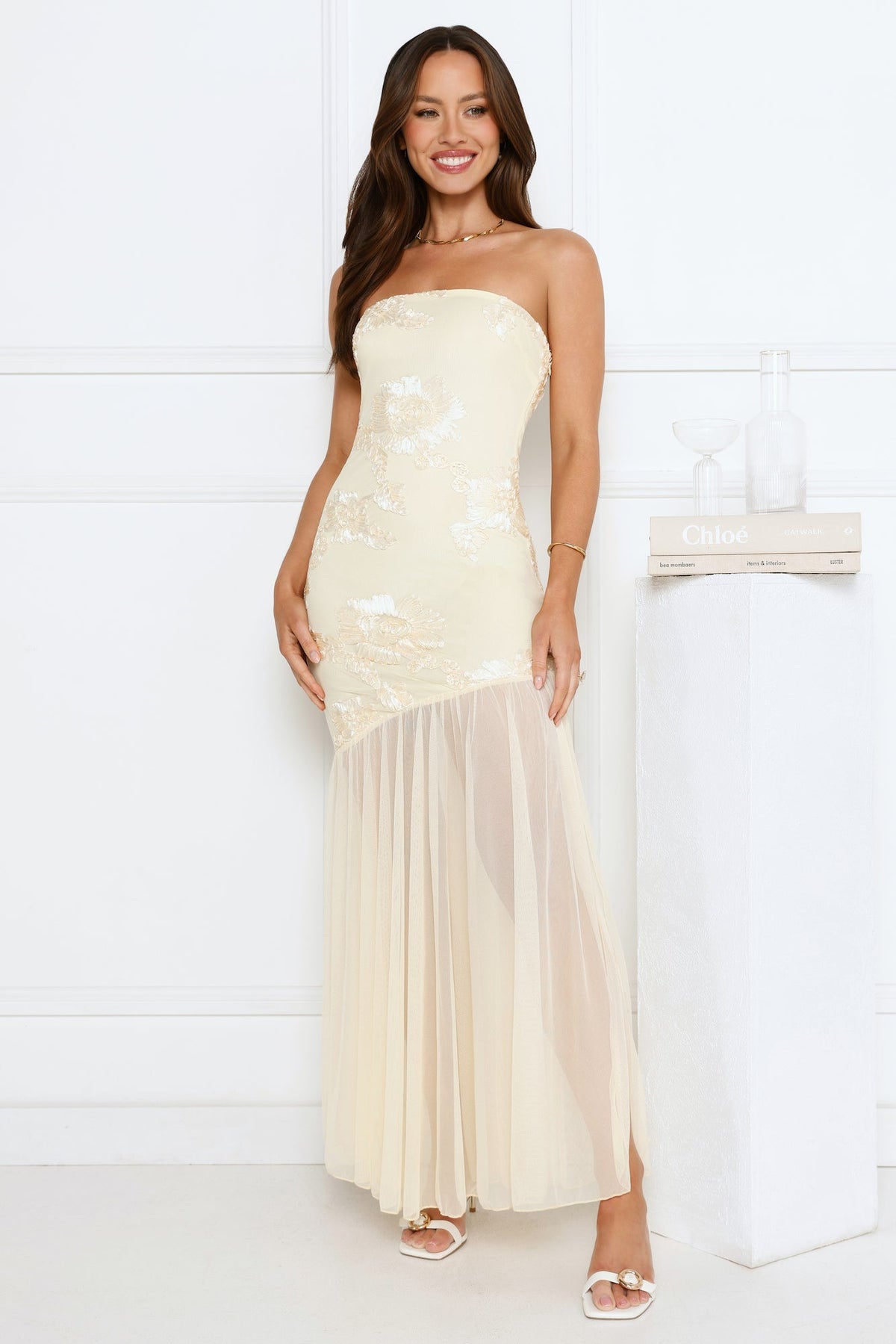 Rosé Mood Strapless Mesh Maxi Dress Yellow