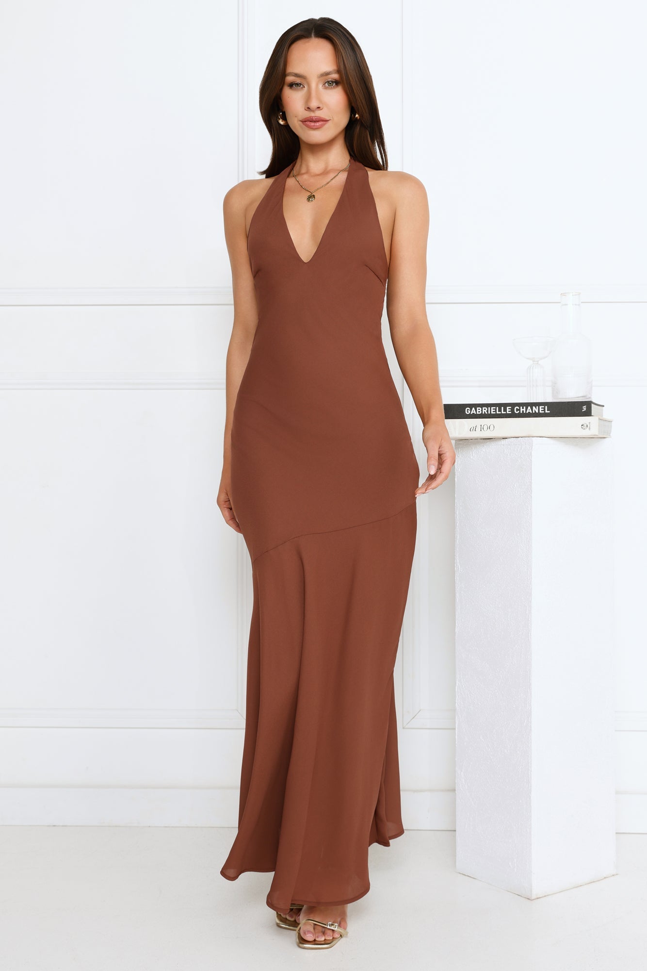 Polished Edge Halter Maxi Dress Brown