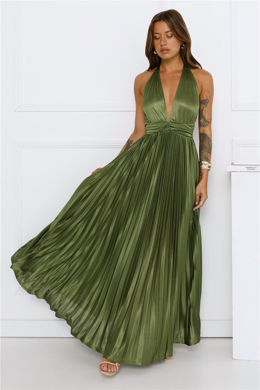 Shimmering Sea Pleated Halter Maxi Dress Olive