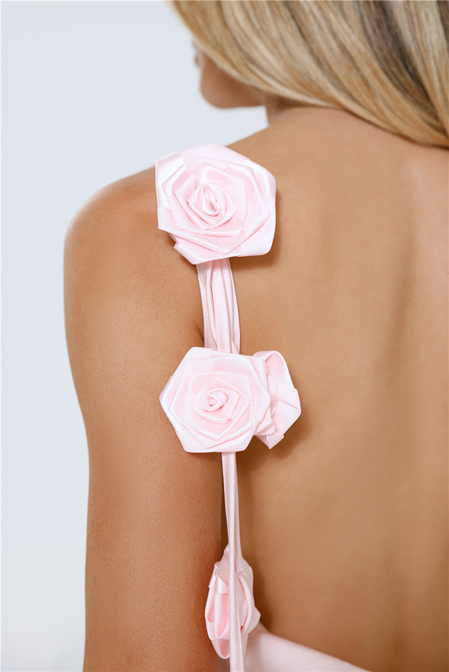 Whimsical Roses Satin Mini Dress Pink