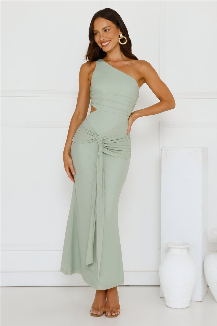 Style Capital One Shoulder Mesh Maxi Dress Sage