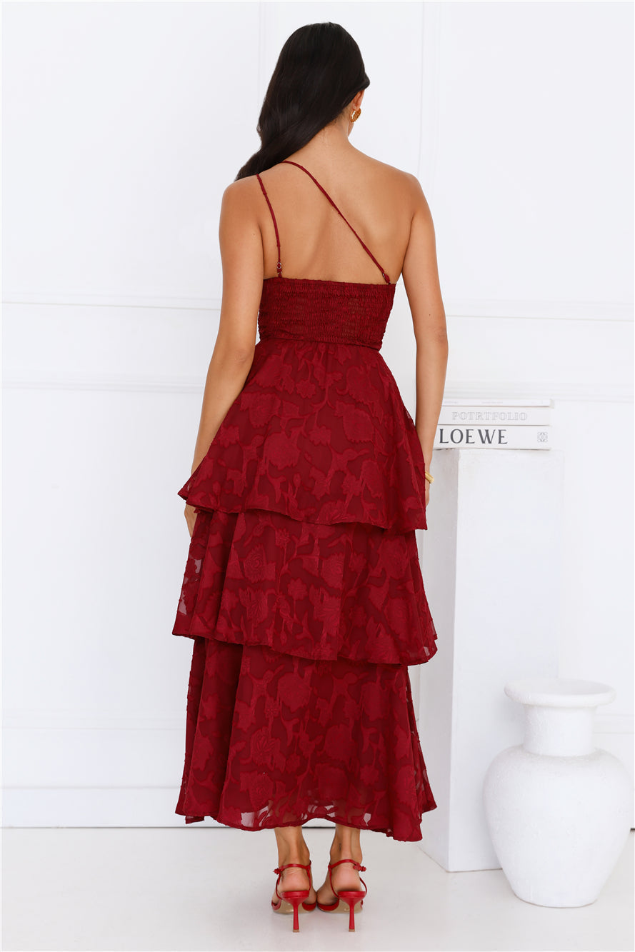 Pixie Petals One Shoulder Maxi Dress Burgundy