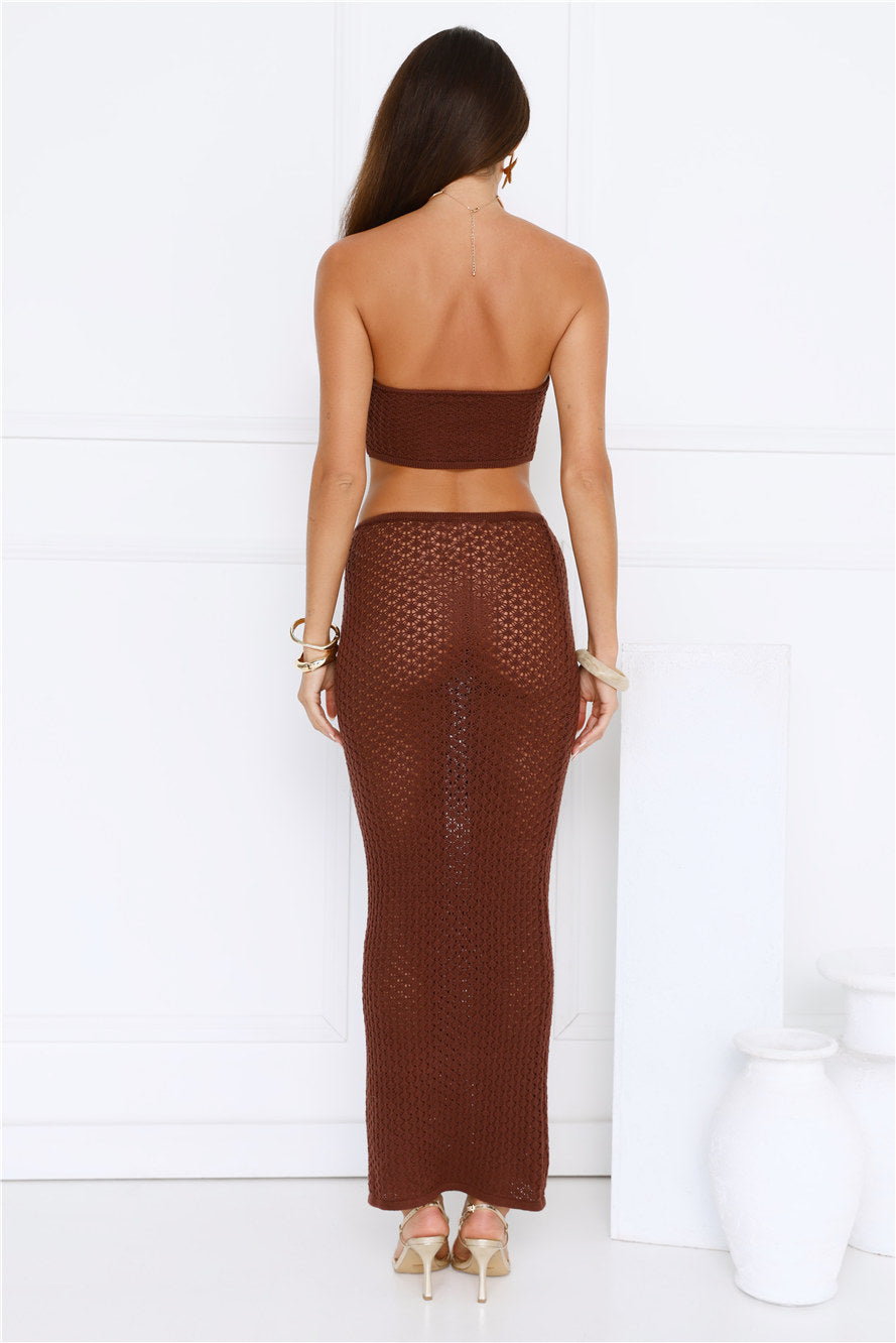 Moonlit Shores Strapless Crochet Crop Top Chocolate