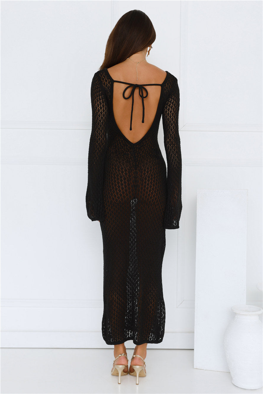Sailing Into Sunset Knit Long Sleeve Maxi Dress Black