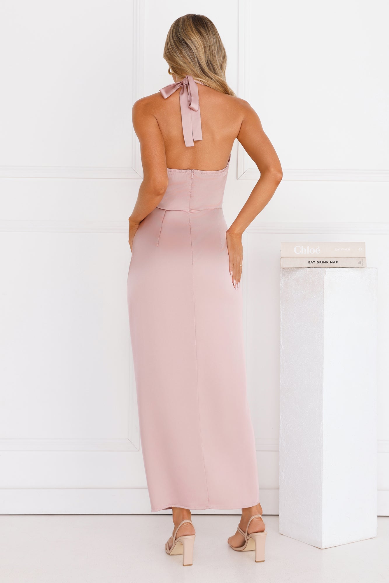 Silken Promise Satin Halter Maxi Dress Pink