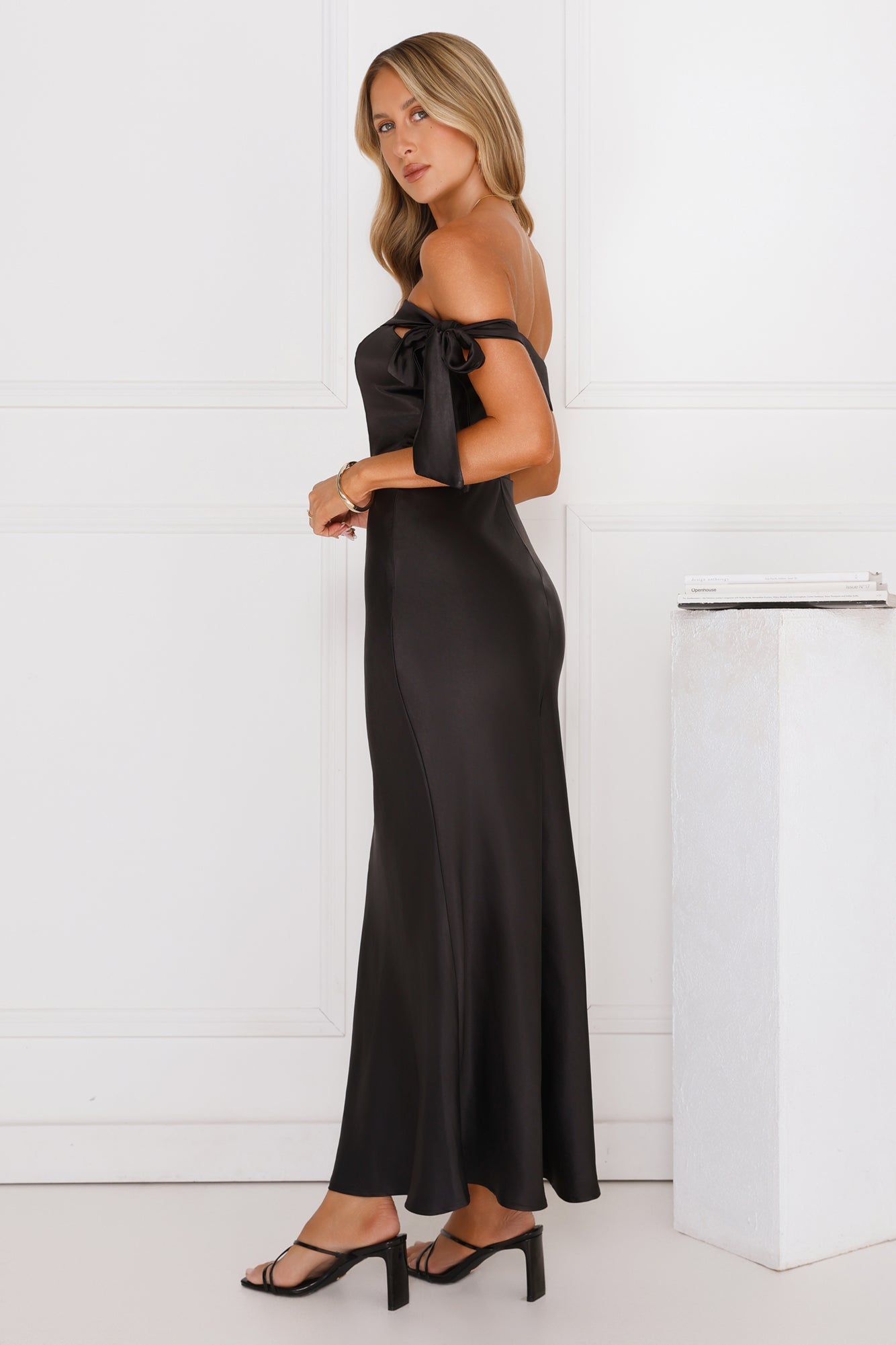 The Hype Off Shoulder Satin Midi Dress Black