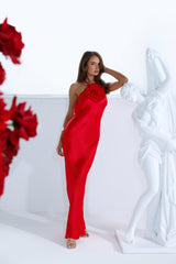 Piazza Nights Satin Maxi Dress Red