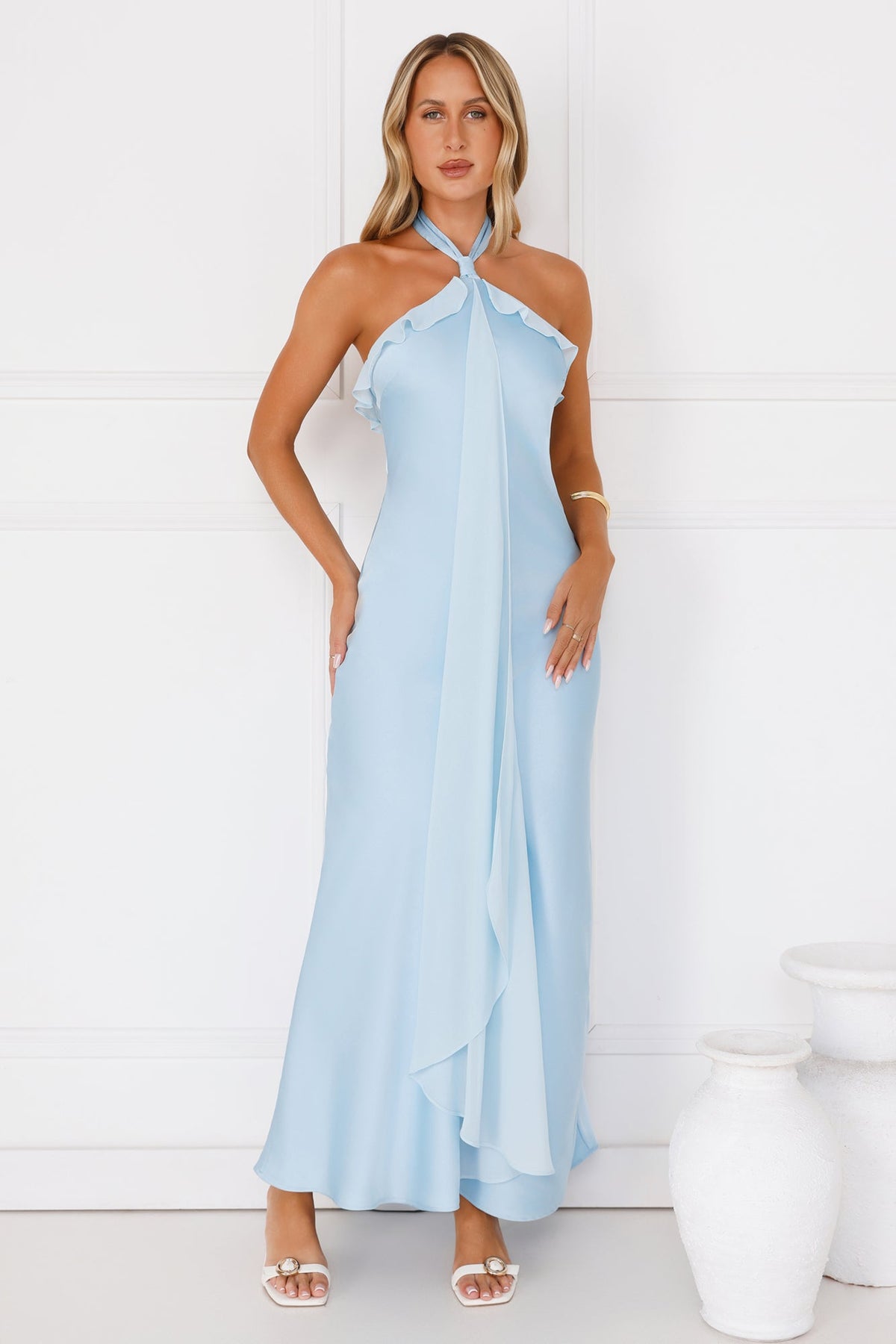Luxora Lady Halter Satin Maxi Dress Blue