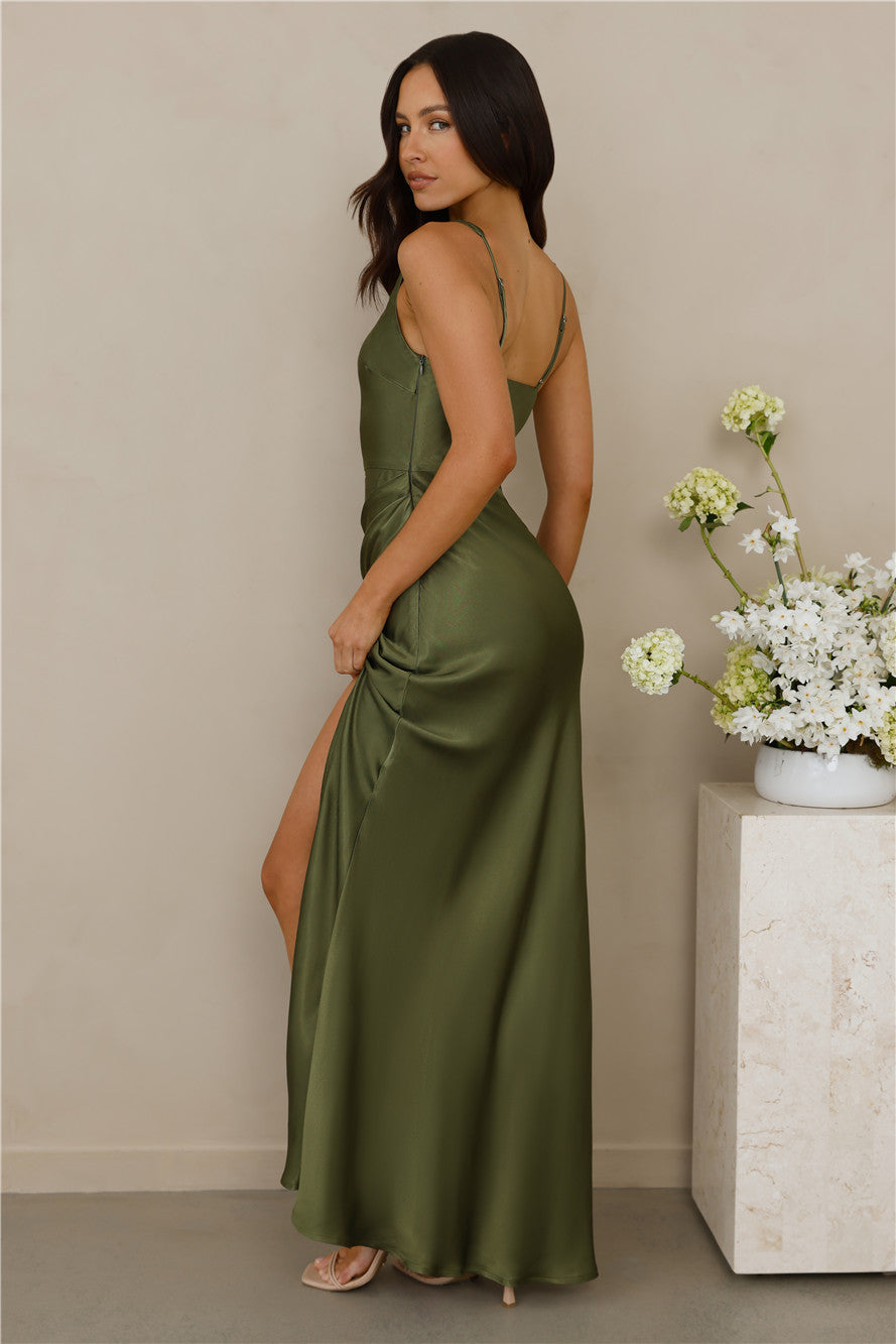 The Evelina Satin Maxi Dress Olive