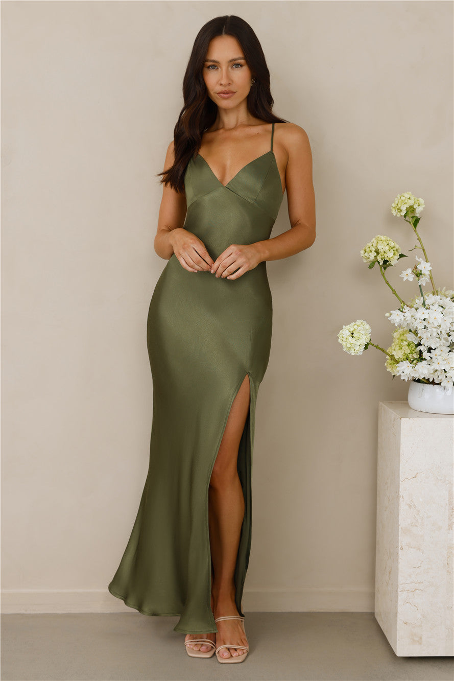 The Sophia Satin Maxi Dress Olive