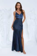 Silver Moonlight Satin Maxi Dress Navy