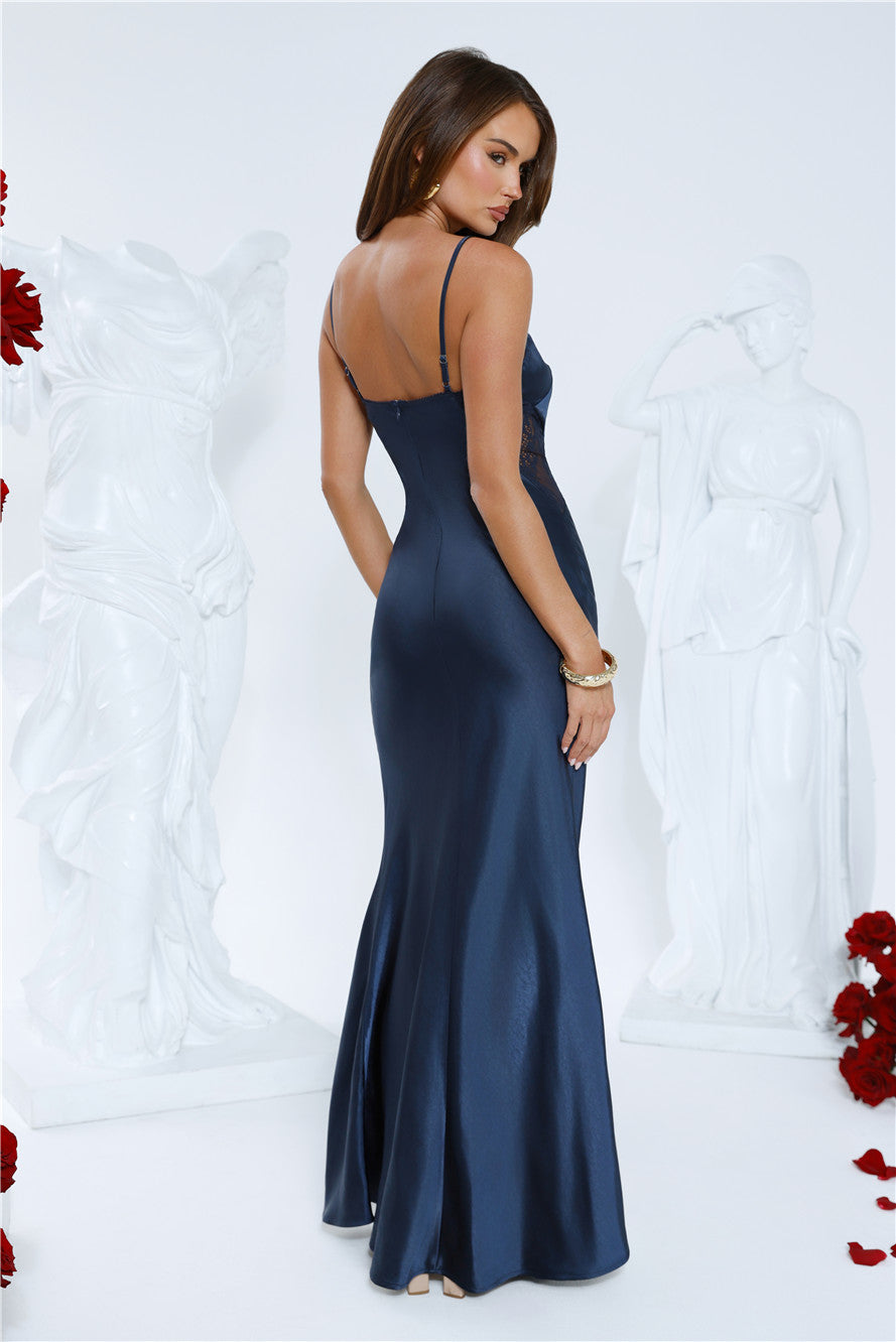 Silver Moonlight Satin Maxi Dress Navy