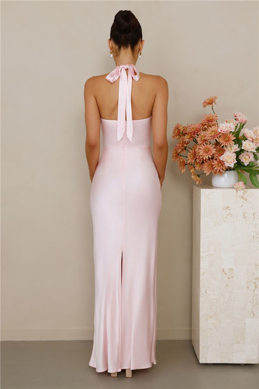 The Cleo Halter Satin Maxi Dress Pink