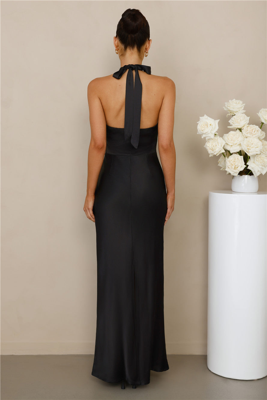 The Cleo Halter Satin Maxi Dress Black