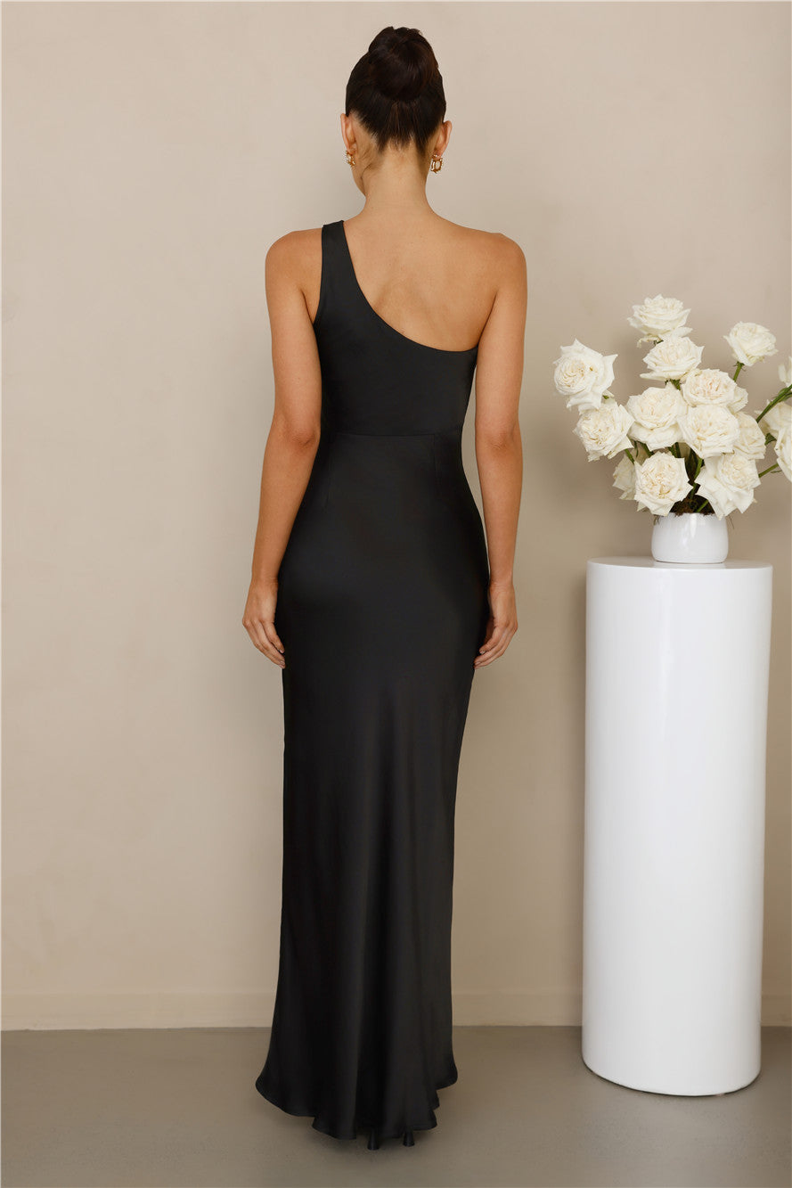 The Aurora One Shoulder Satin Maxi Dress Black