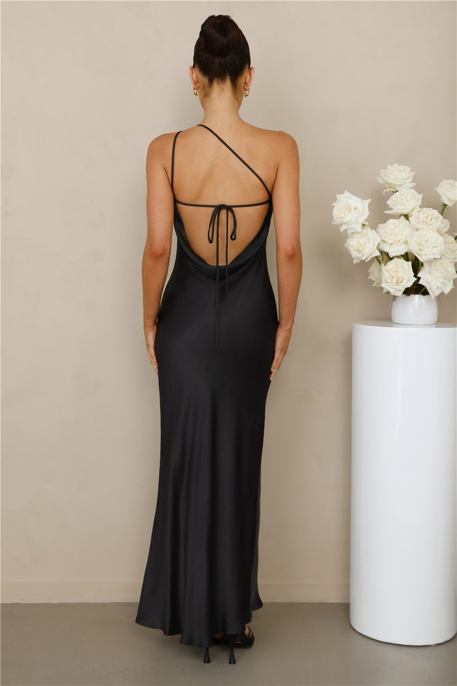 The Evangeline One Shoulder Satin Maxi Dress Black