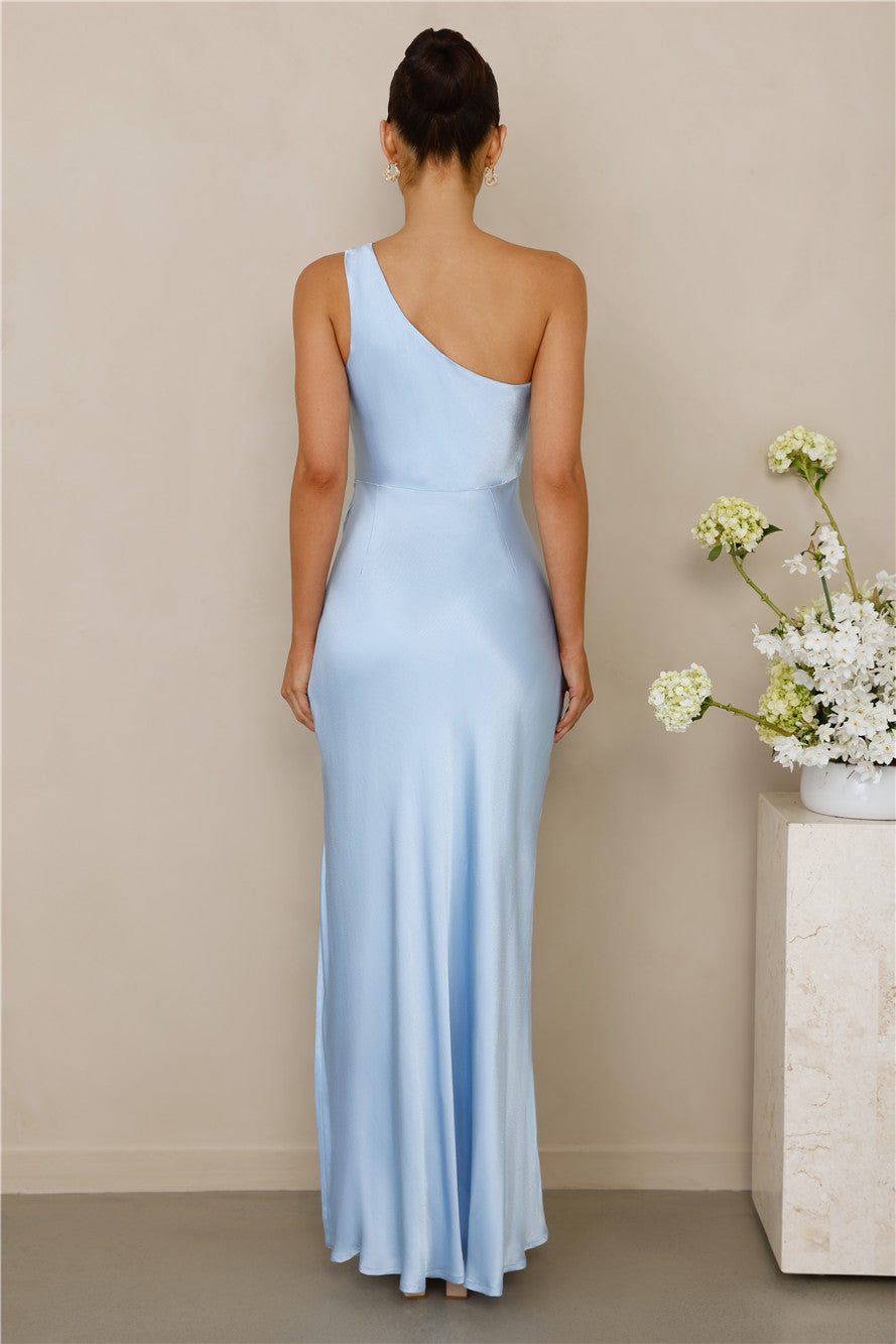 The Aurora One Shoulder Satin Maxi Dress Blue