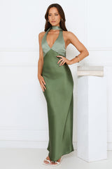 Sunlit Grove Satin Halter Maxi Dress Green