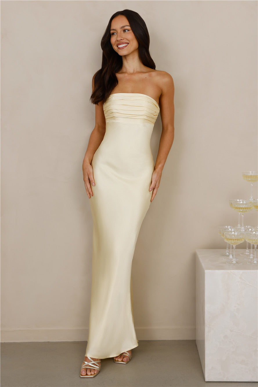 The Seraphina Strapless Satin Maxi Dress Yellow