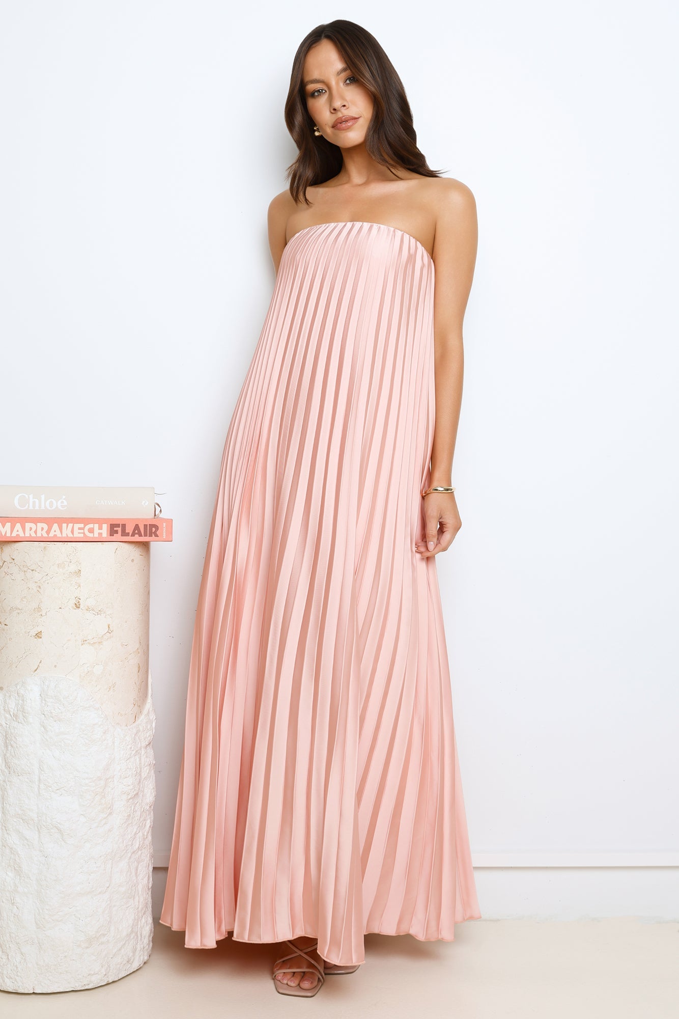 Moonlit Night Pleated Strapless Maxi Dress Pink