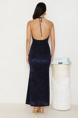 Zebra Charm Halter Maxi Dress Navy