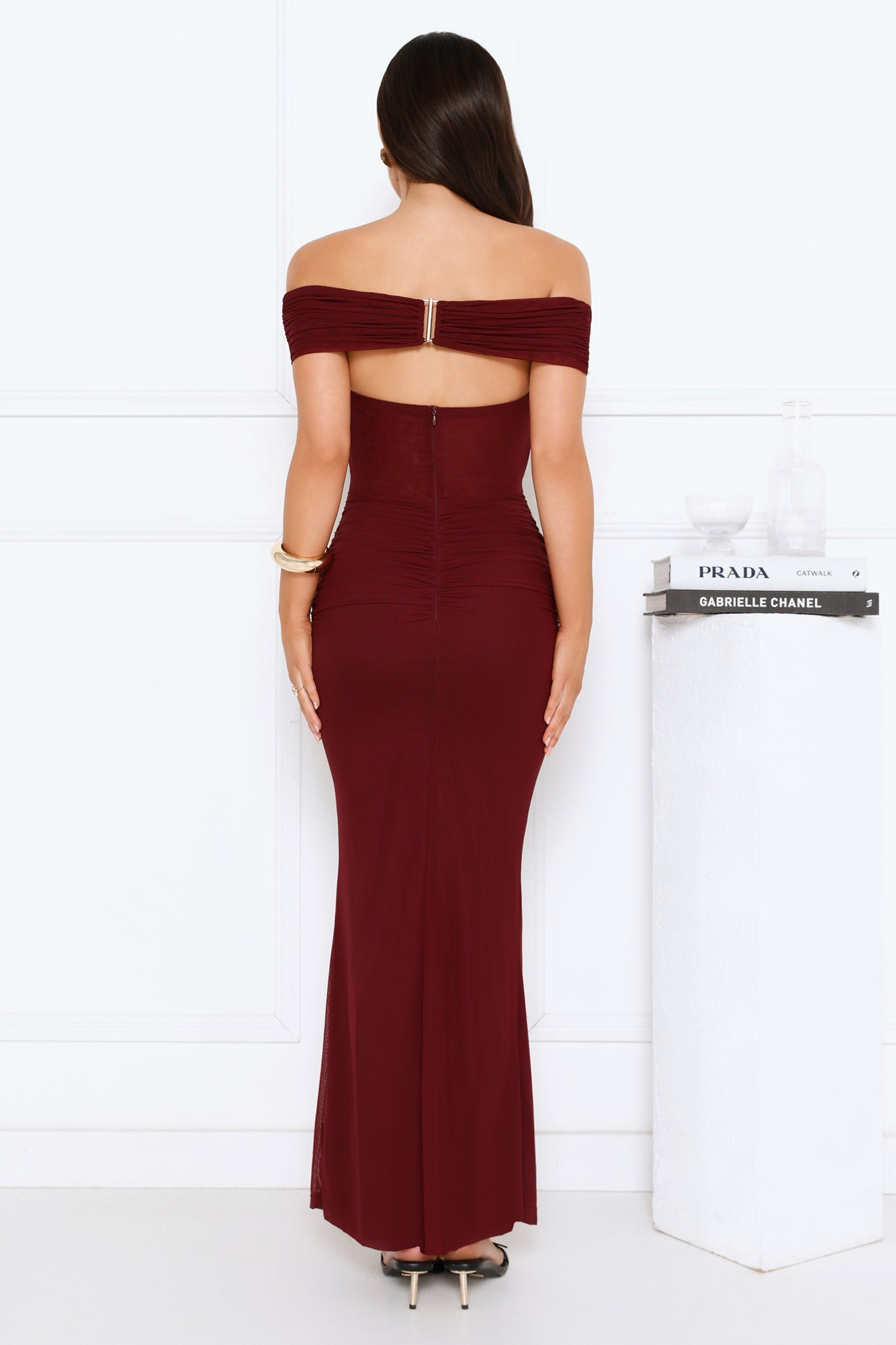 Swan Song Off Shoulder Mesh Maxi Dress Burgundy