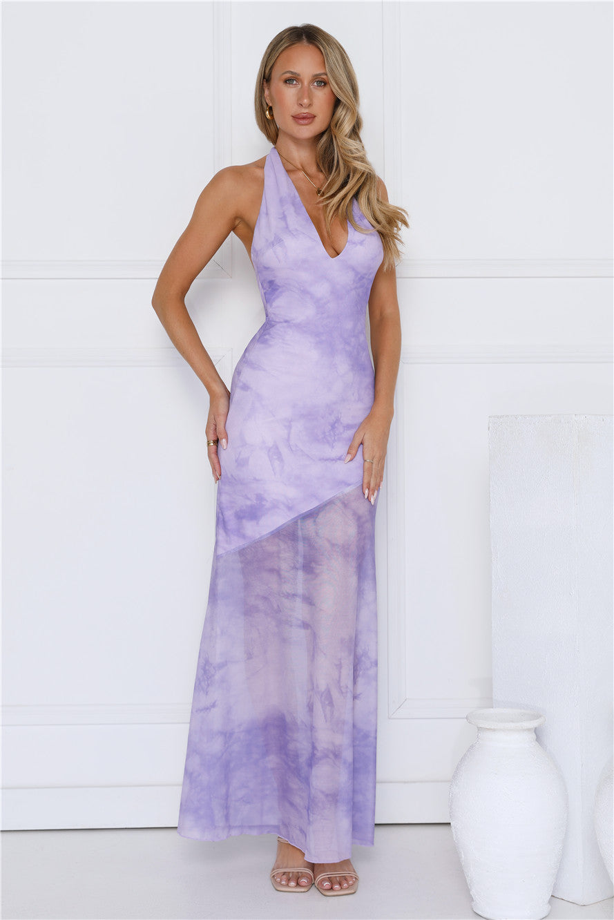 Sprinkle Pop Halter Mesh Maxi Dress Purple