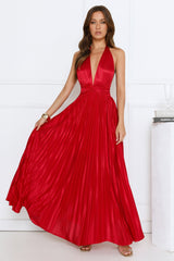 Shimmering Sea Pleated Halter Maxi Dress Red