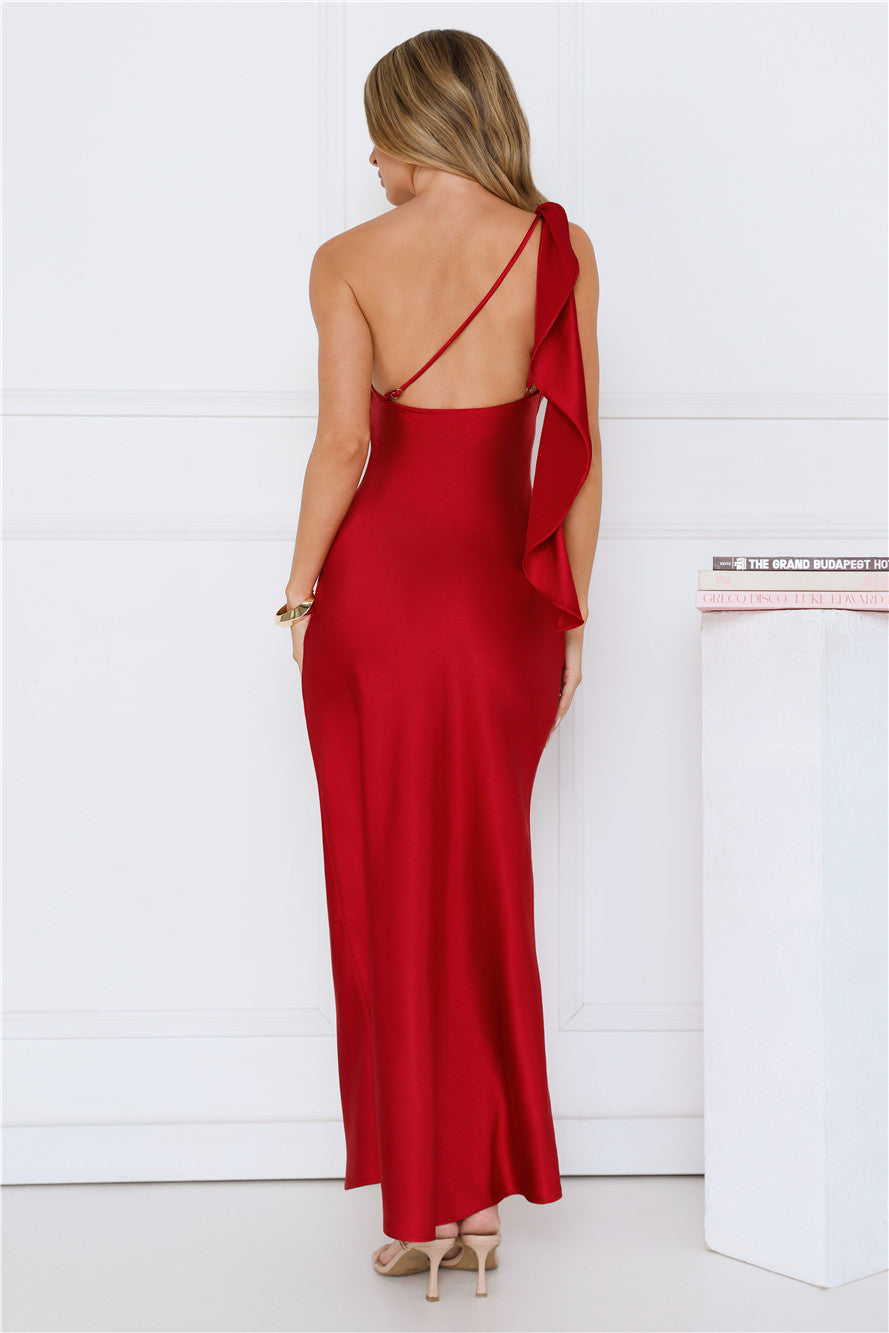 Romantic Tales Satin One Shoulder Maxi Dress Red