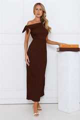 Polished Energy Off Shoulder Maxi Dress Brown