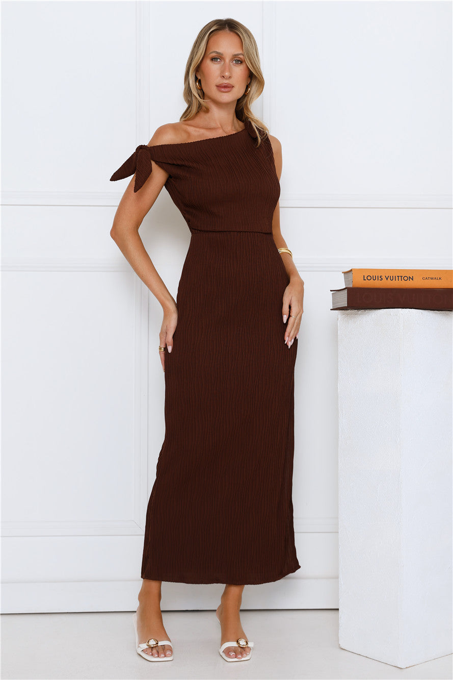 Polished Energy Off Shoulder Maxi Dress Brown