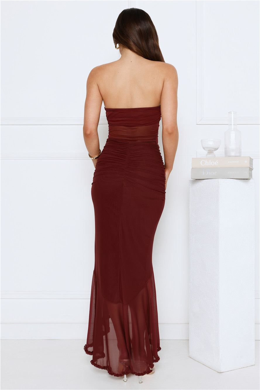 Spark Soirée Strapless Mesh Maxi Dress Burgundy
