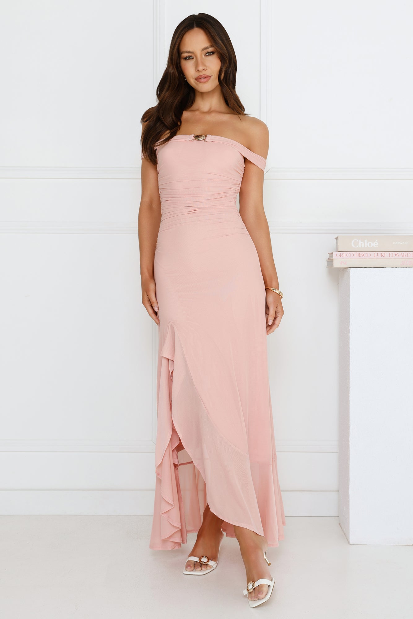 Sprinkle Spark Off Shoulder Mesh Maxi Dress Pink
