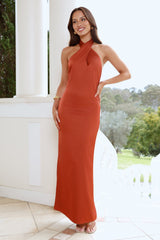 Outfit Energy Satin Halter Maxi Dress Rust
