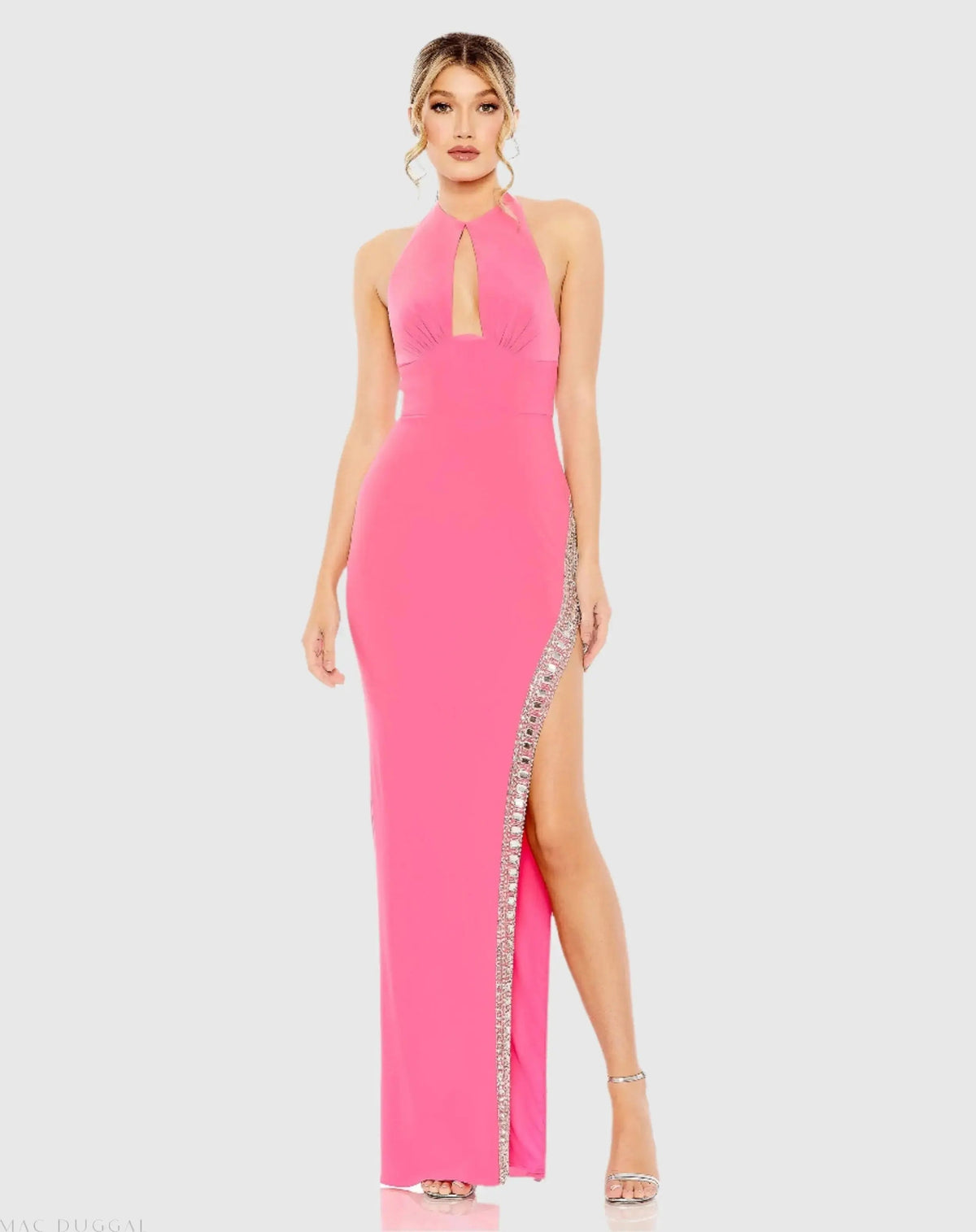 Pink Jersey Halter Neck Beaded Slit Detail Gown - FINAL SALE