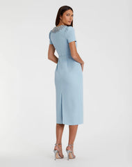 Blue Short Sleeve Rhinestone Neckline Sheath Dress