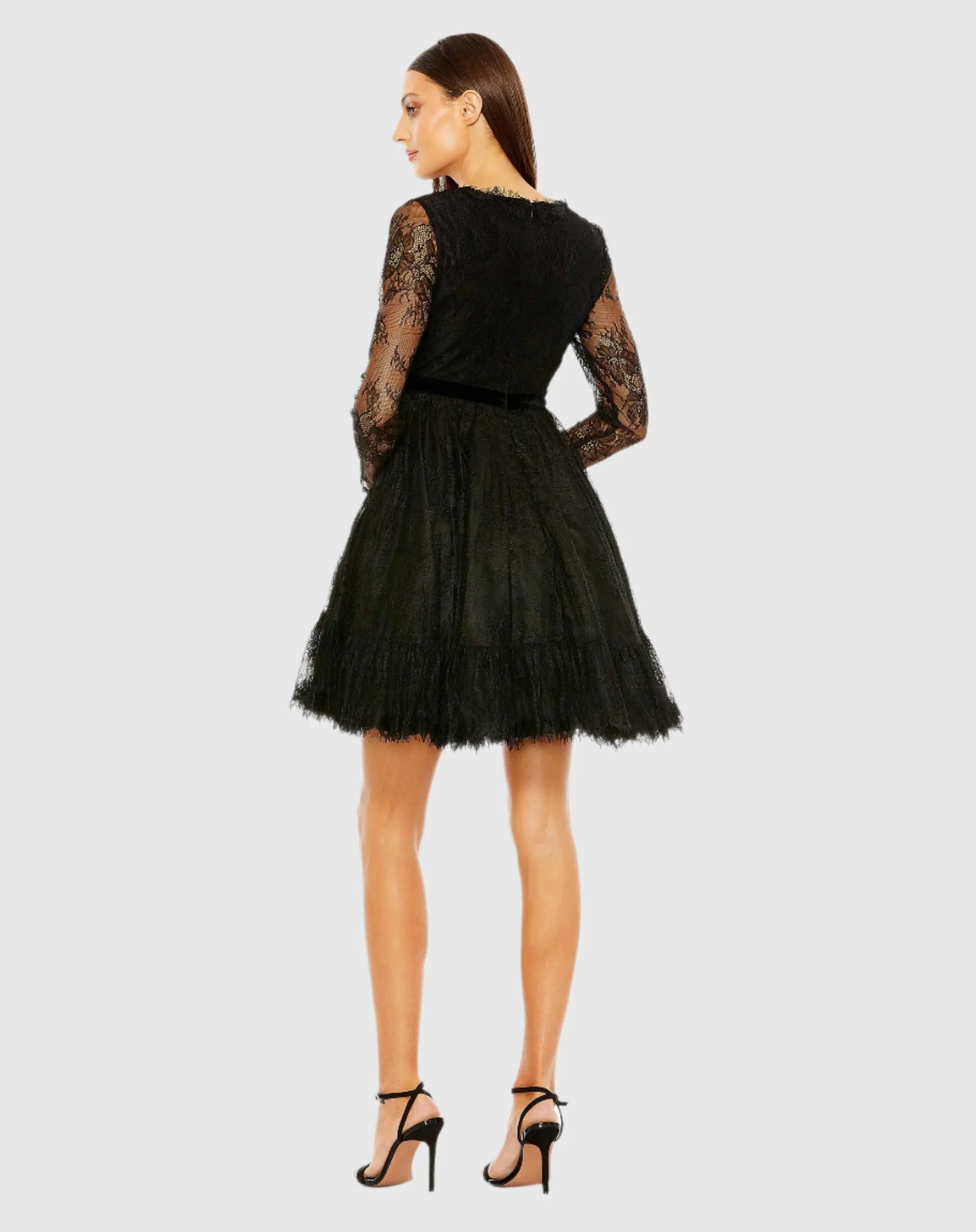 Black Long Sleeve Deep V Lace Babydoll Dress