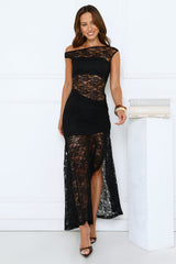 Sultry Spin Lace Off Shoulder Maxi Dress Black