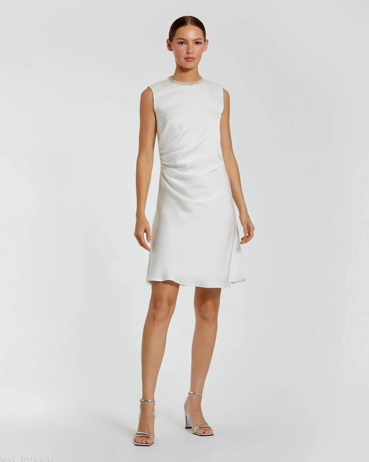 Rhinestone Neckline Draped Mini Dress