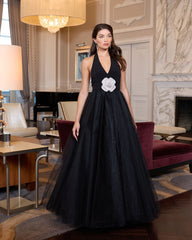 Black Halter Neck Ball Gown with Rhinestone Flower