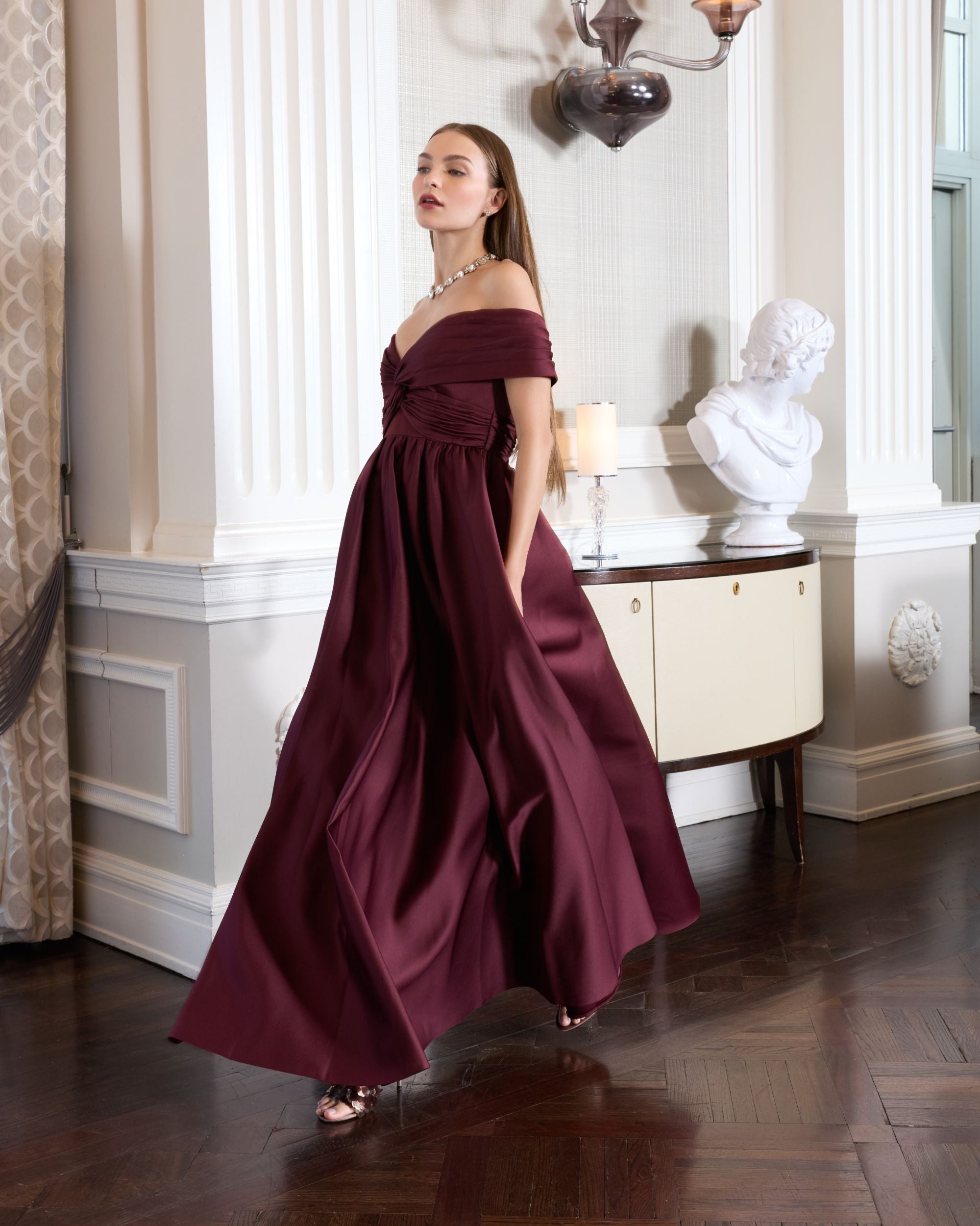 Burgundy Satin Off The Shoulder Twist Evening Ball Gown