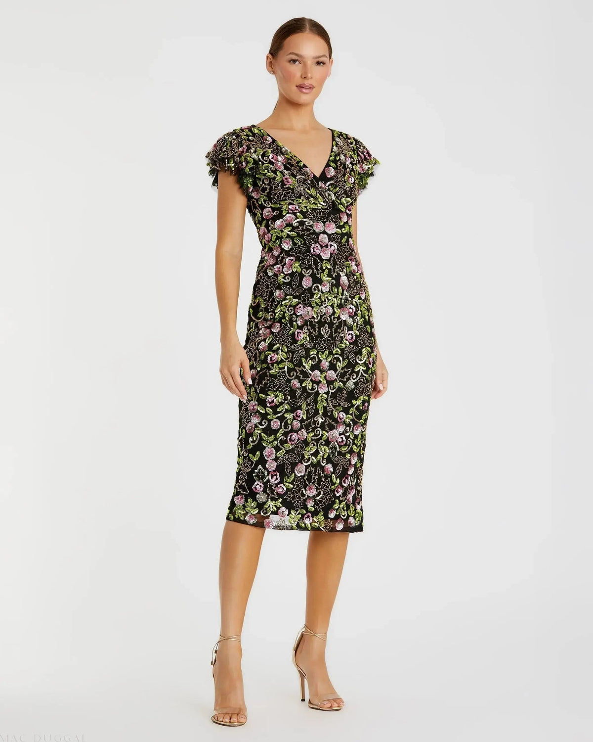 Floral Embellished Flutter Cap Sleeve Dress