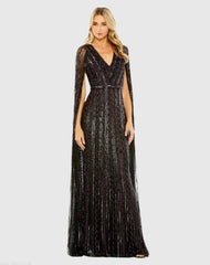 Black Sequined V-Neck Gown with Cape Sleeves