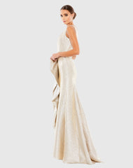Gold One Shoulder Metallic Ruffled Evening Gown