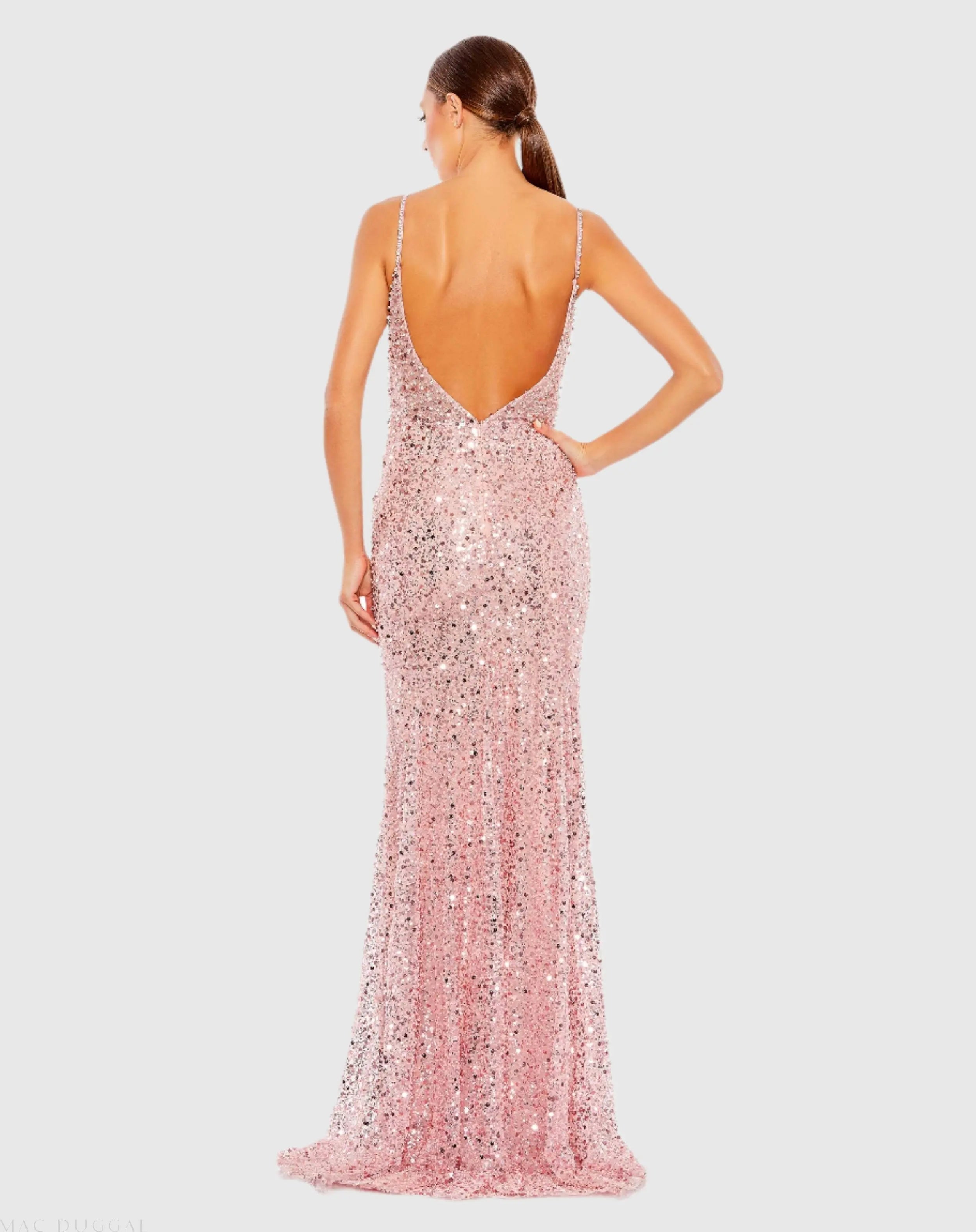Pink Embellished Plunge Neck Sleeveless Trumpet Gown - FINAL SALE