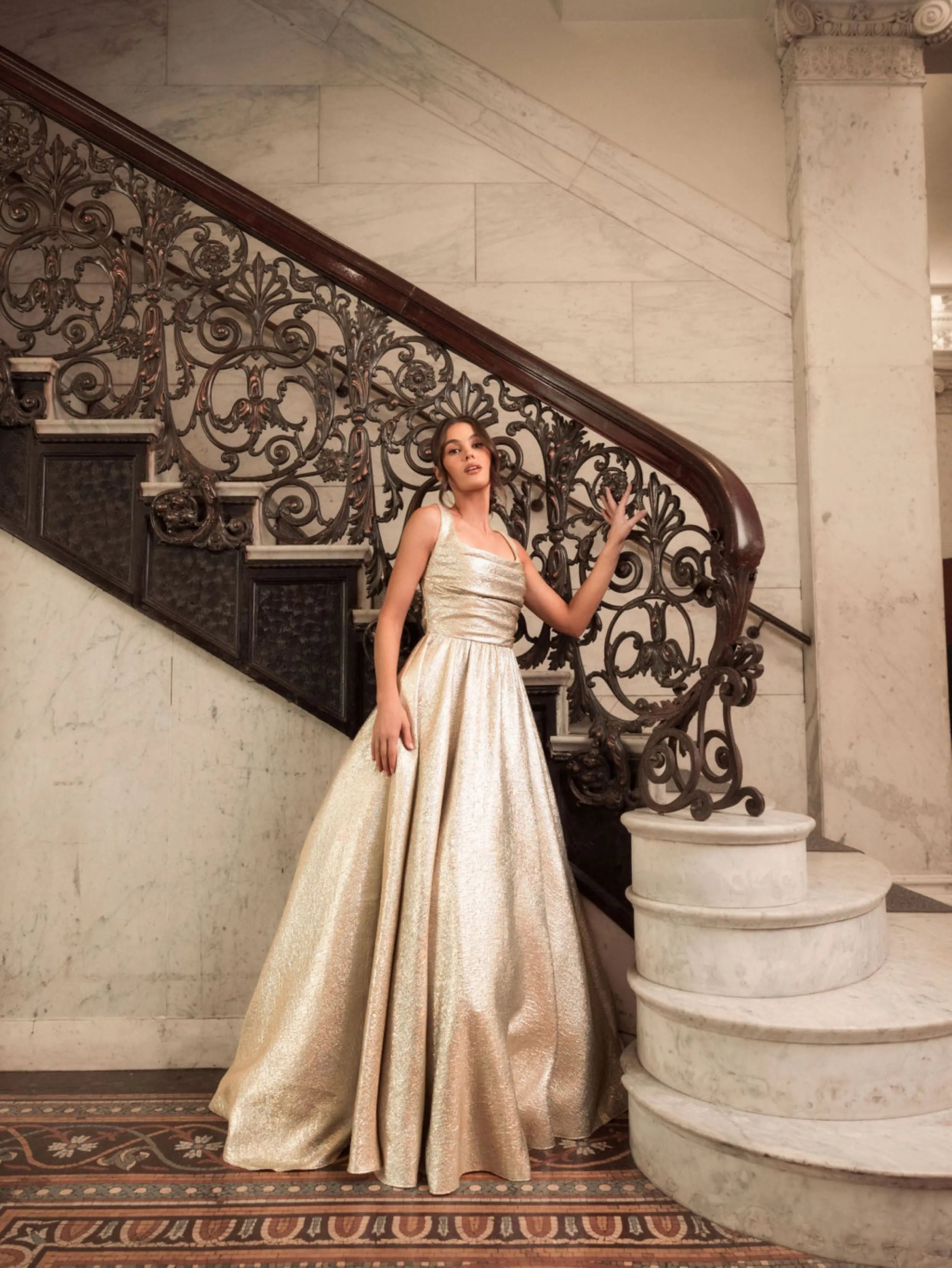 Gold Metallic Pleated Bodice Ball Gown