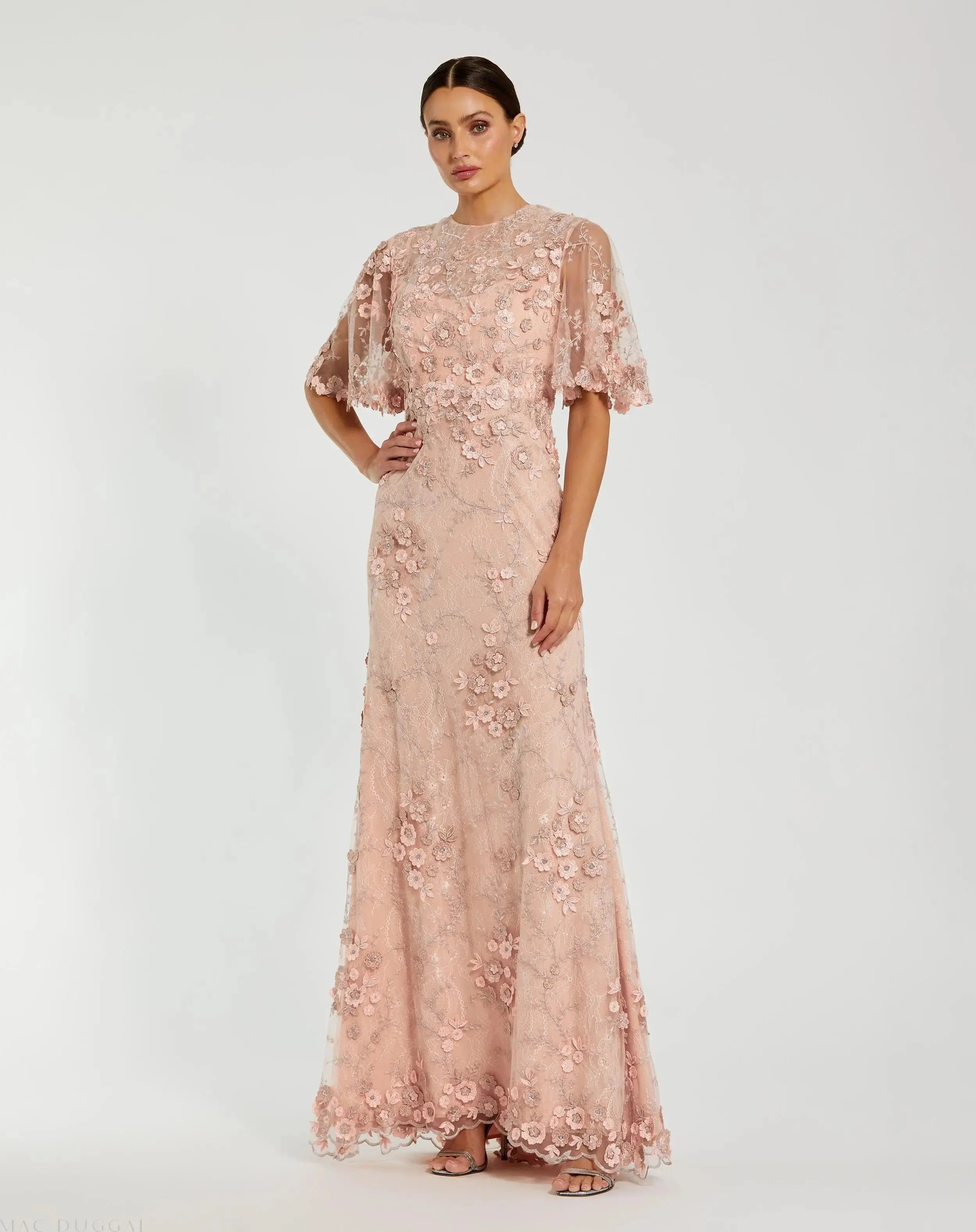 Navy Floral Lace Gown with Sheer Flutter Sleeves