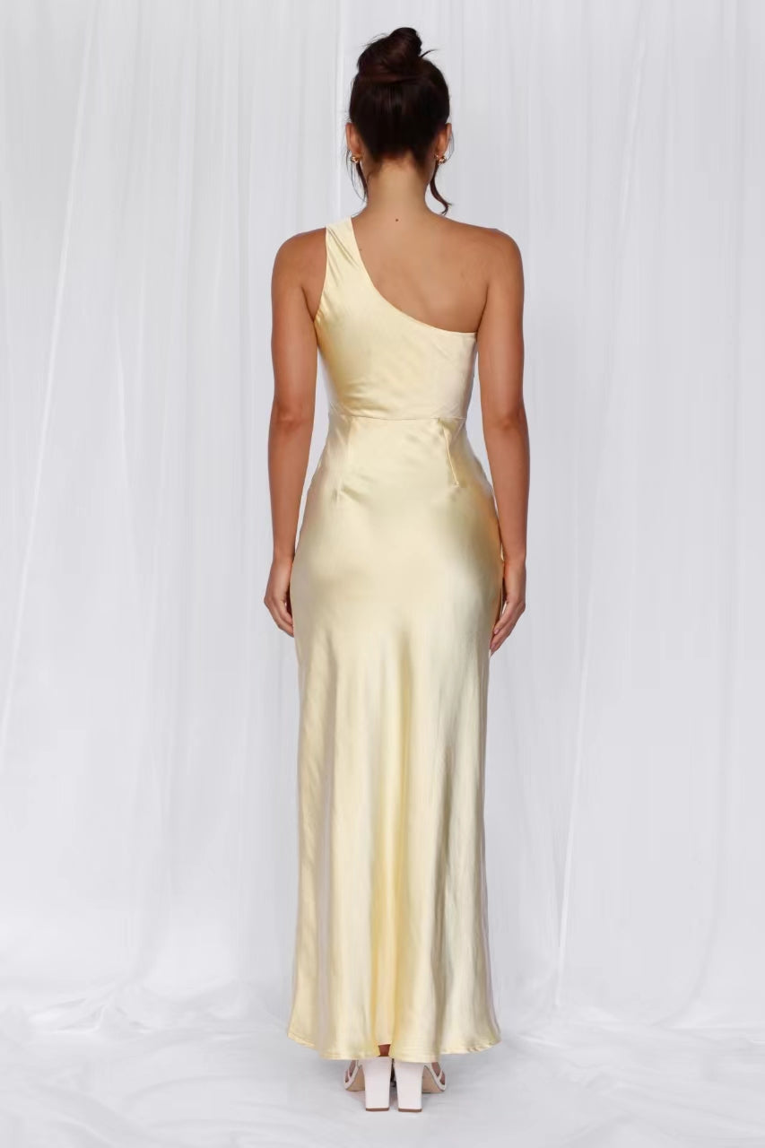 The Aurora One Shoulder Satin Maxi Dress Yellow