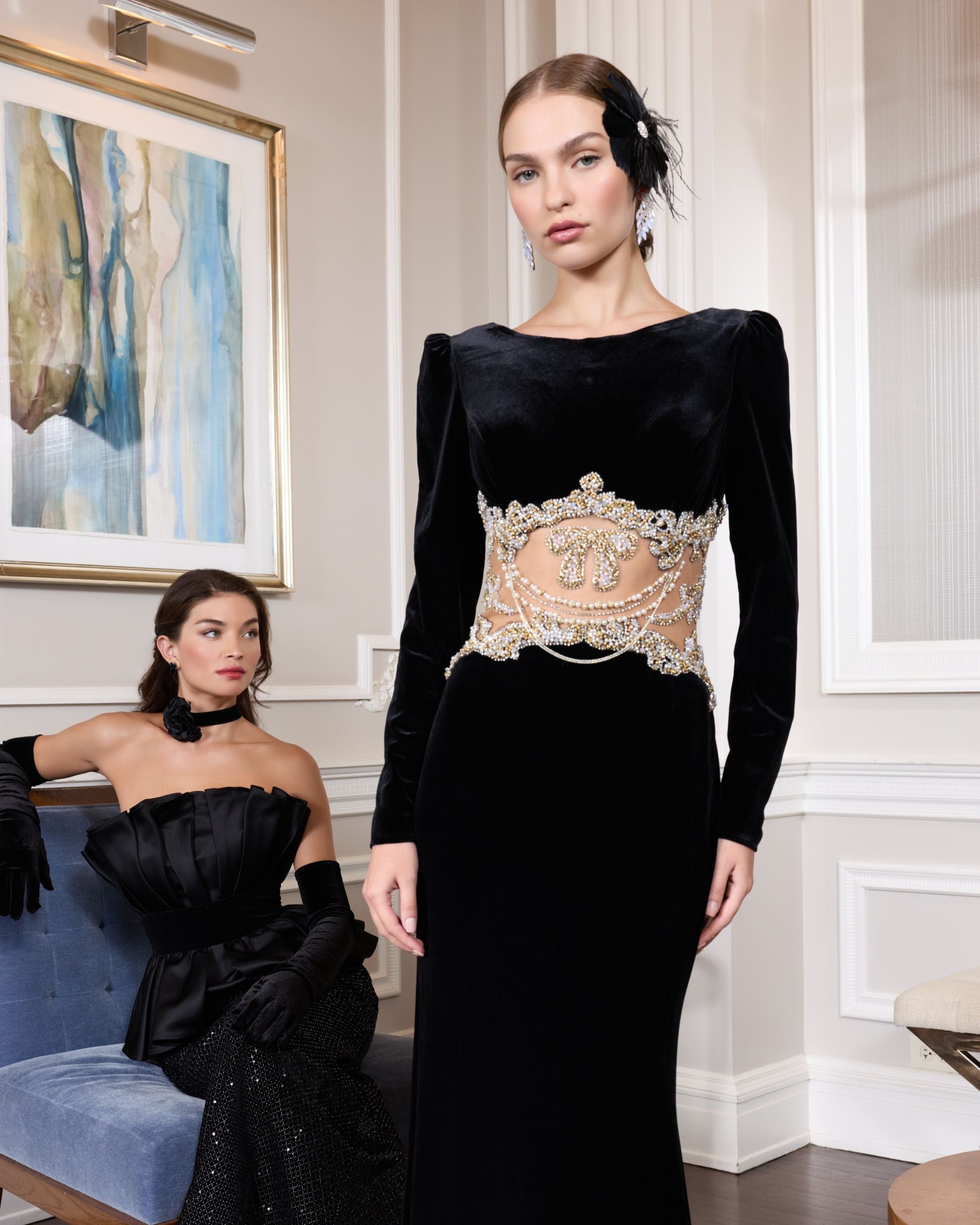 Black Long Sleeve Sheer Embellished Velvet Gown